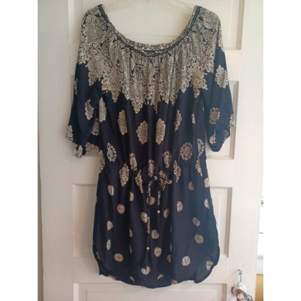 Blue Island swimsuit coverup tunic dress L navy print tie waist boho beach hippi